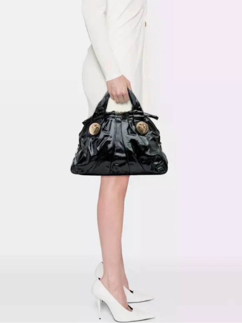 Vintage Gucci Black Patent Leather bag purse with Gold Medallion Accents